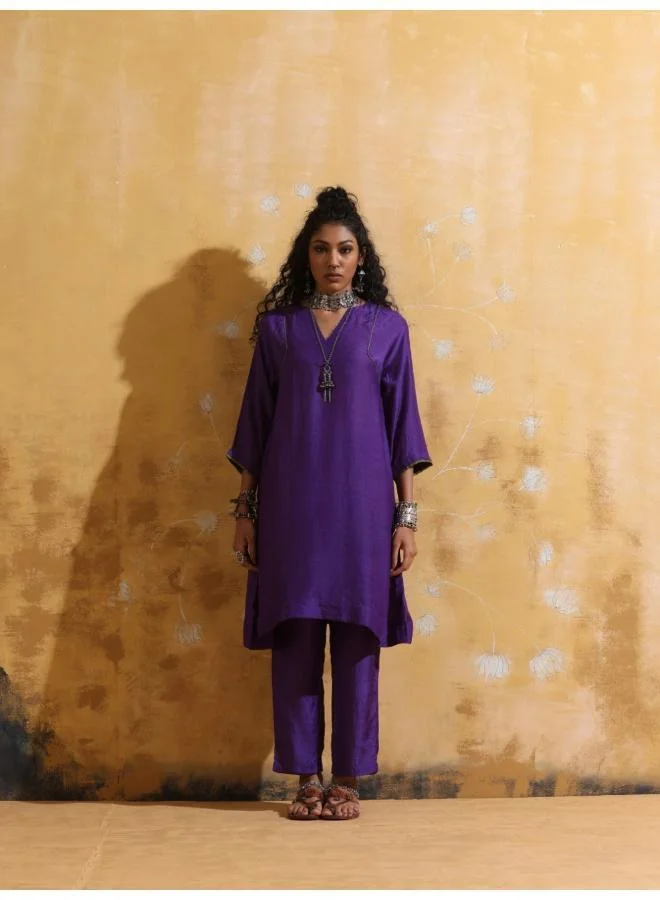 trueBrowns trueBrowns Purple Muslin Silk A-line Kurta Co-ord Set