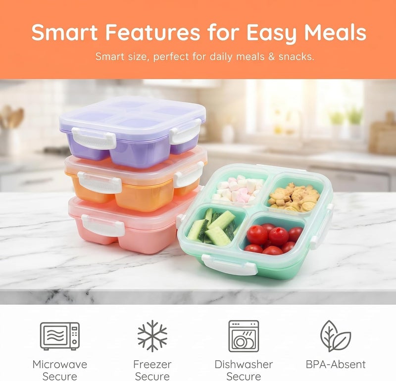 EONJOE BPA free snack containers,extra thick 4 compartments bento boxes divided Lunch food storage containers for kids adults work school travel picnics (set of 4) - Image 3