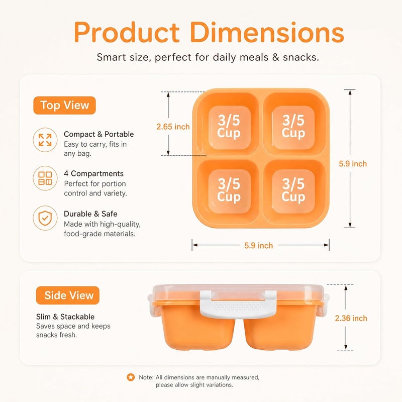 EONJOE BPA free snack containers,extra thick 4 compartments bento boxes divided Lunch food storage containers for kids adults work school travel picnics (set of 4) - Image 2