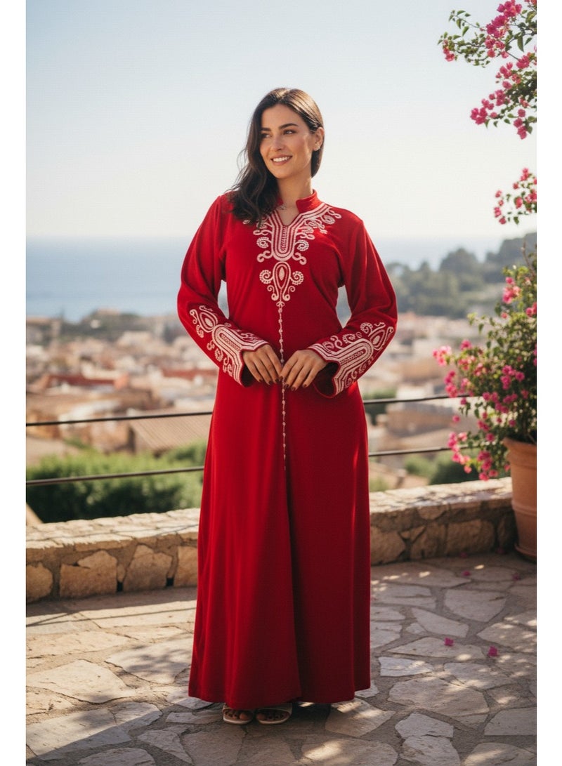 زيكوتكس  قفطان قطيفة أحمر فاخر مطرّز - تصميم ملكي شتوي وأكمام طويلة - Image 1