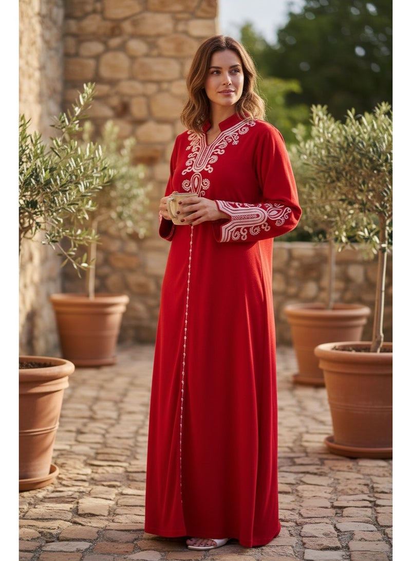 زيكوتكس  قفطان قطيفة أحمر فاخر مطرّز - تصميم ملكي شتوي وأكمام طويلة - Image 3
