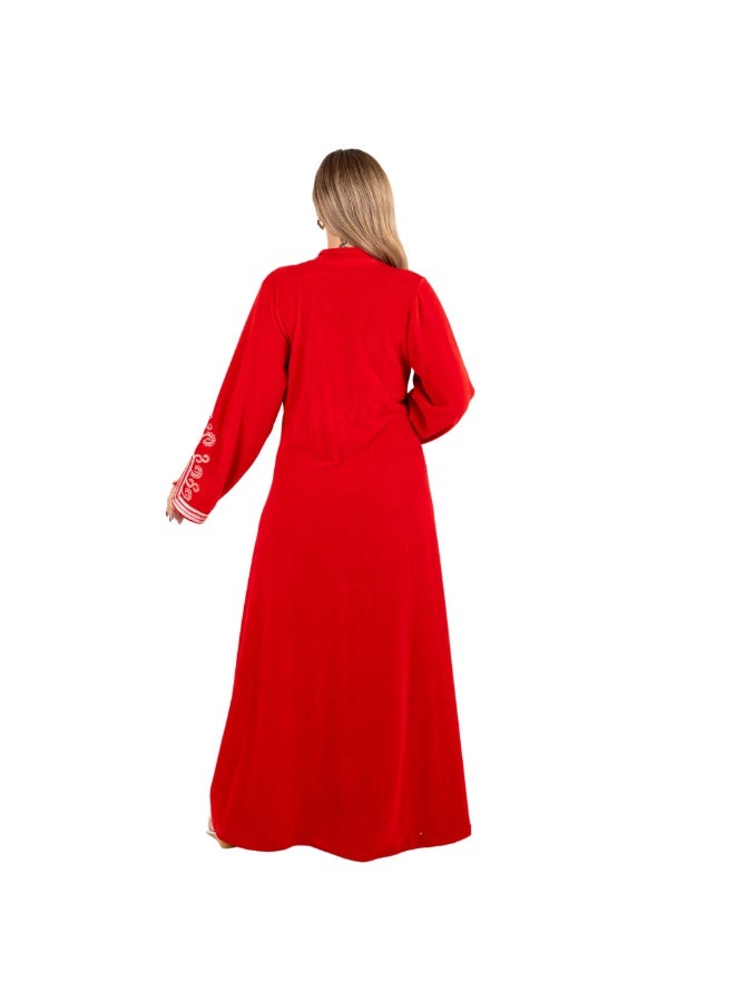 زيكوتكس  قفطان قطيفة أحمر فاخر مطرّز - تصميم ملكي شتوي وأكمام طويلة - Image 4