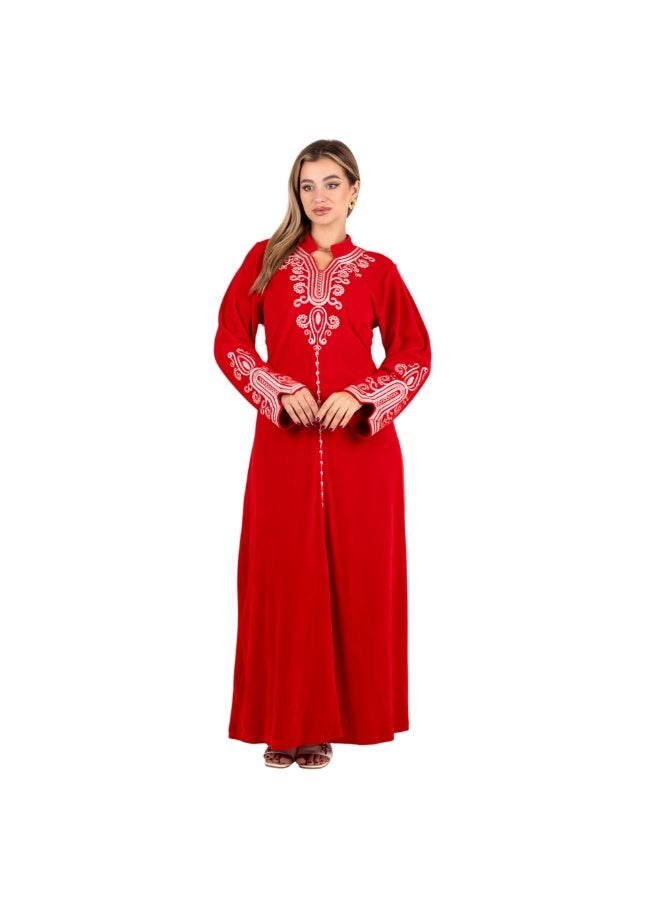 zecotex  Women's Luxury Cotton Velvet Kaftan - Embroidered Long Reception Jalabiya - Royal Red. - Image 1