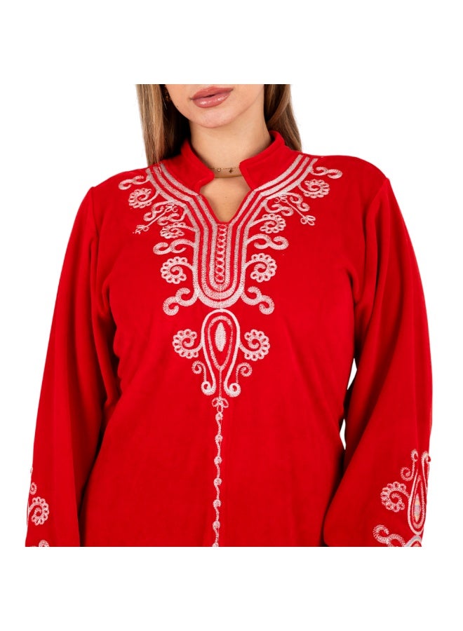 zecotex  Women's Luxury Cotton Velvet Kaftan - Embroidered Long Reception Jalabiya - Royal Red. - Image 2