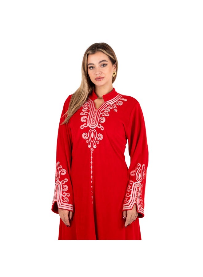 zecotex  Women's Luxury Cotton Velvet Kaftan - Embroidered Long Reception Jalabiya - Royal Red. - Image 3