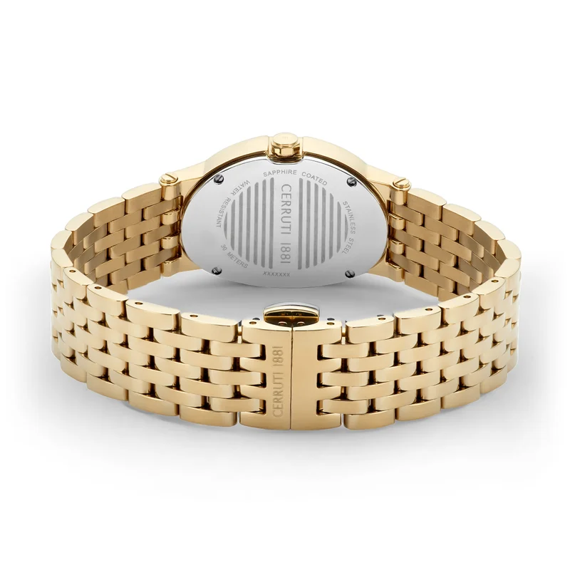 CERRUTI 1881 Classically unconventional. Bold and oval, the Norica classic 2 hands edition renders a striking new design, with a sensual gold-plated metal band featuring a brown dial.