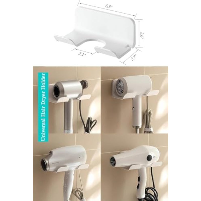 Universal Hair Dryer Holder, Blow Dryer Hanger Wall Mount for Hair Dryer Hook with Plug and Cord Organizer Self Adhesive for Cabinet Bathroom 2 Pack White - Image 2