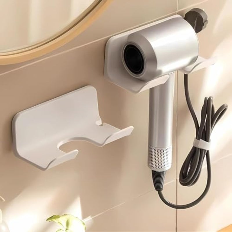 Universal Hair Dryer Holder, Blow Dryer Hanger Wall Mount for Hair Dryer Hook with Plug and Cord Organizer Self Adhesive for Cabinet Bathroom 2 Pack White - Image 1