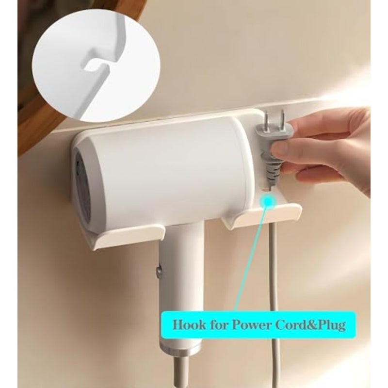 Universal Hair Dryer Holder, Blow Dryer Hanger Wall Mount for Hair Dryer Hook with Plug and Cord Organizer Self Adhesive for Cabinet Bathroom 2 Pack White - Image 4