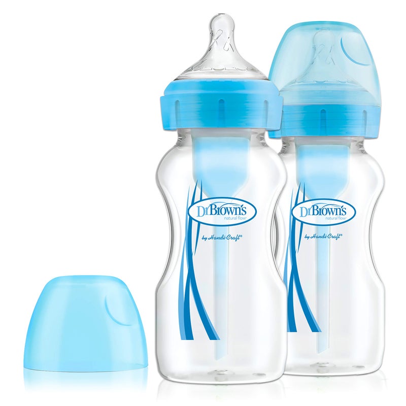 AMMER Dr. Brown's Options+ Anti-Colic Baby Bottle, Wide Neck, 270ml, 2 Pack, Blue - Image 1