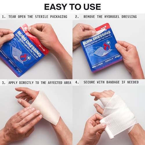 SurviveX Hydrogel Burn Dressings with Tea Tree Oil - 4x4" Sterile Non-Stick Burn Pads - Emergency First Aid for Instant Cooling, Soothing & Relief - 5 Pack - Image 5