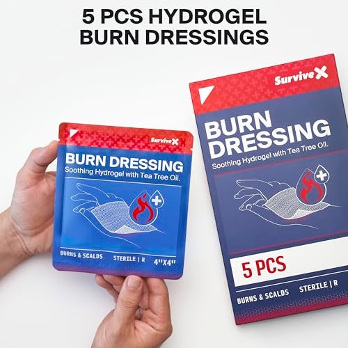 SurviveX Hydrogel Burn Dressings with Tea Tree Oil - 4x4" Sterile Non-Stick Burn Pads - Emergency First Aid for Instant Cooling, Soothing & Relief - 5 Pack - Image 2