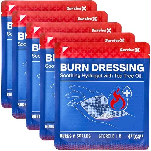 SurviveX Hydrogel Burn Dressings with Tea Tree Oil - 4x4" Sterile Non-Stick Burn Pads - Emergency First Aid for Instant Cooling, Soothing & Relief - 5 Pack - Image 1