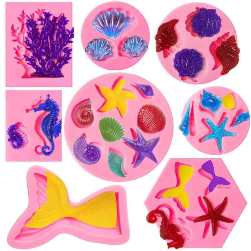 Elfkitwang Marine Theme Fondant Silicone Mold,Seashell,conch, Mermaid Tail,Seahorse,starfish,coral, DIY Handmade Baking Tools for Mermaid Theme Cake Decoration
