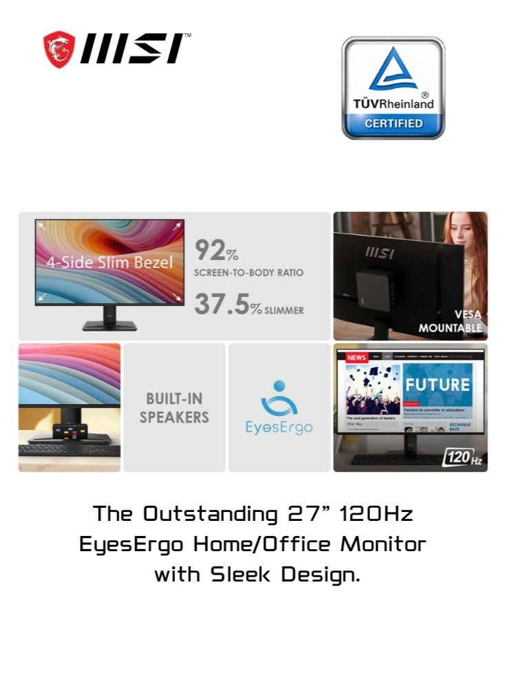 إم اس أي PRO MP275 E2 | 27 Inch 1920 x 1080 Full HD Desktop Monitor | IPS Panel, Borderless, 120 Hz | Eye-Friendly, Built-in Speakers, Tilt-Adjustable | HDMI, DisplayPort, VGA Port, VESA Mountable | Black | 9S6-3PD3CM-001 - Image 2