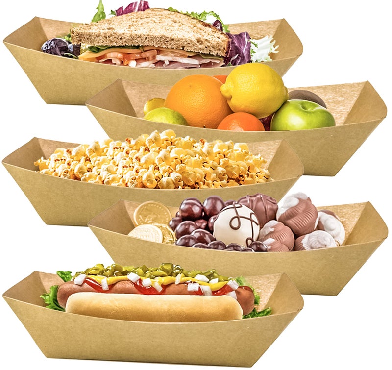 MotBach 100 Pack 3lb Kraft Paper Food Trays, Heavy-Duty Paper Food Boat Disposable Serving Basket Tray for French Fries Nachos Snack Hot Dog Taco BBQ Popcorn Party Picnic Wedding Party (Brown) - Image 5