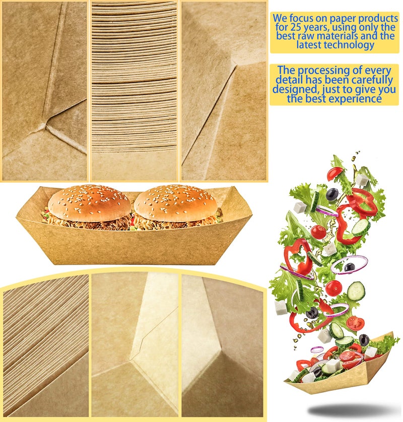 MotBach 100 Pack 3lb Kraft Paper Food Trays, Heavy-Duty Paper Food Boat Disposable Serving Basket Tray for French Fries Nachos Snack Hot Dog Taco BBQ Popcorn Party Picnic Wedding Party (Brown) - Image 4