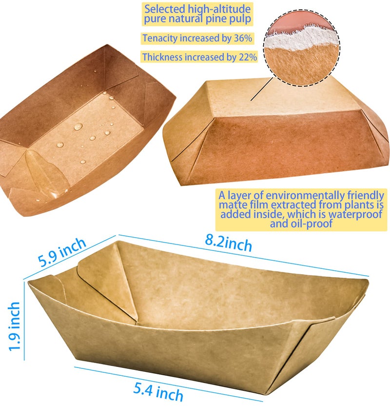 MotBach 100 Pack 3lb Kraft Paper Food Trays, Heavy-Duty Paper Food Boat Disposable Serving Basket Tray for French Fries Nachos Snack Hot Dog Taco BBQ Popcorn Party Picnic Wedding Party (Brown) - Image 2
