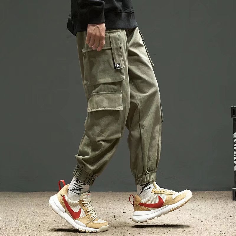 plus size 8XL Overalls Mens American Style Fashionable Brand Loose Casual Multi-Pocket Foot Pants Autumn Fashionable Parachute Pants S146 Army Green
