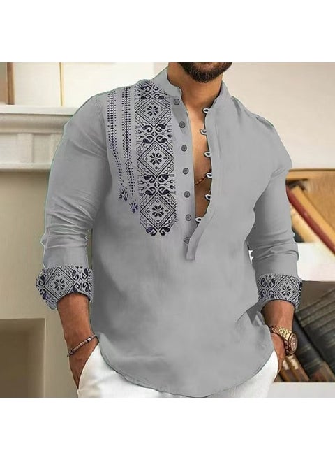 Summer Mens Casual Thin Long-Sleeve Stand Collar Shirt Green
