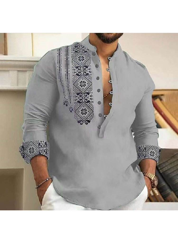 Summer Mens Casual Thin Long-Sleeve Stand Collar Shirt Green