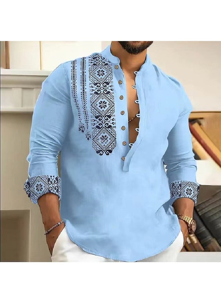 Summer Mens Casual Thin Long-Sleeve Stand Collar Shirt Green