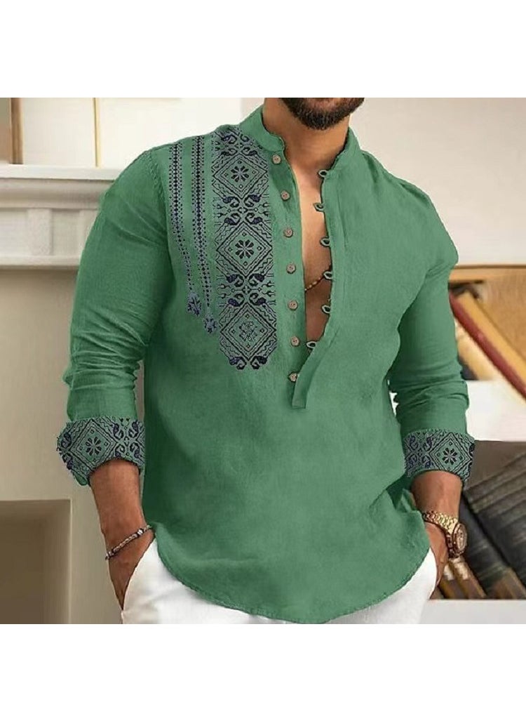Summer Mens Casual Thin Long-Sleeve Stand Collar Shirt Green