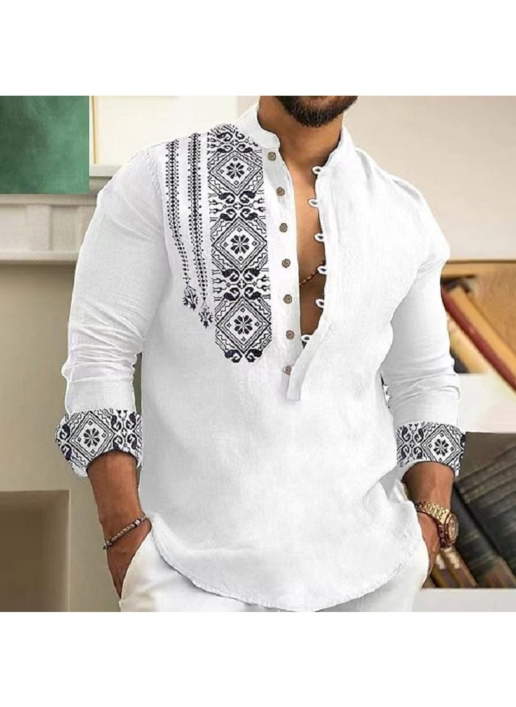 Summer Mens Casual Thin Long-Sleeve Stand Collar Shirt Green
