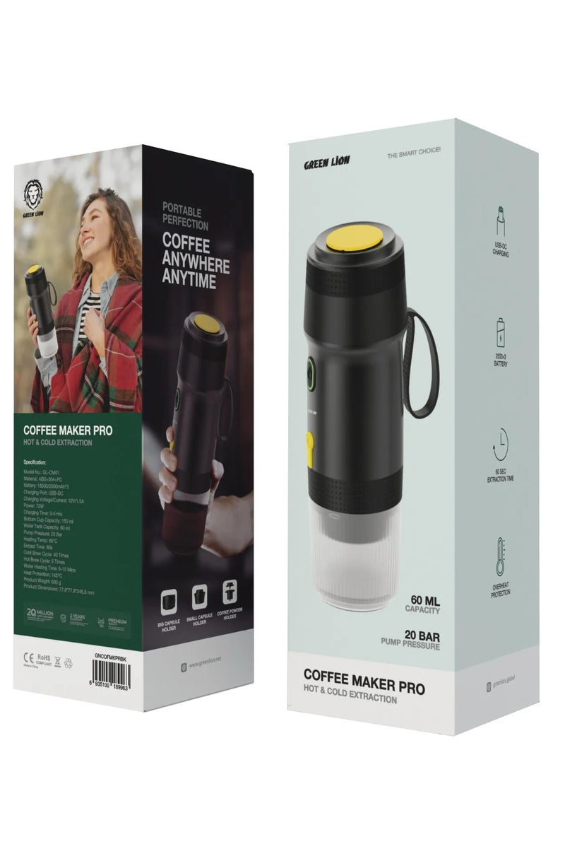 GREEN LION Coffee Maker Pro / Hot & Cold Extraction / 60 ml Capacity / 20 Bar Pump Pressure / Overheat Protection / USB-DC Charging / Big & Small Capsule Holder / Coffee Powder Holder / High Battery Capacity - Black - Image 4