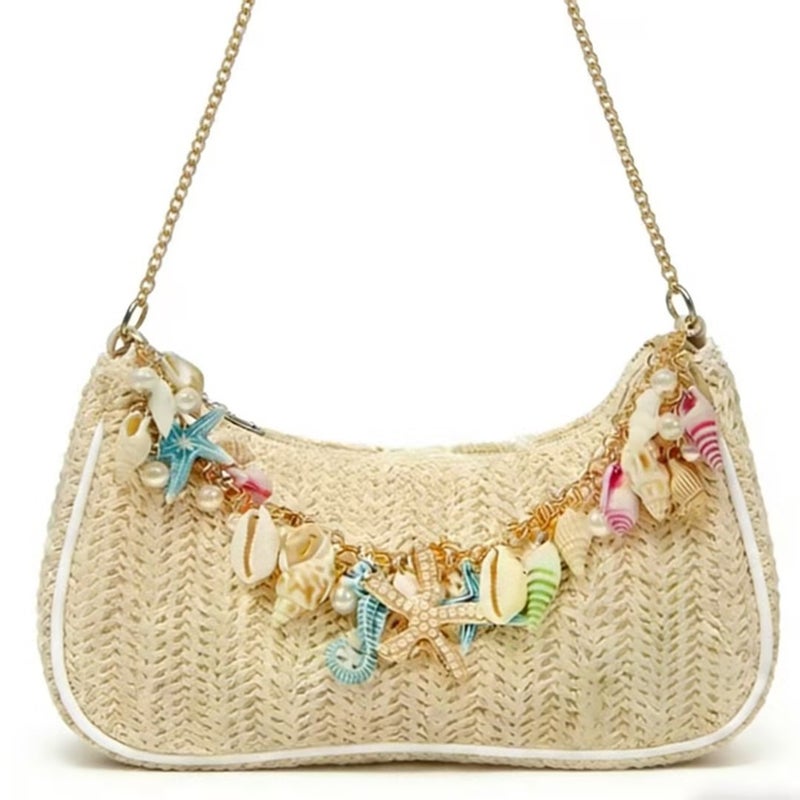 2026 Spring Shell Woven Shoulder Bag for Women, Lightweight Casual with Chain Decoration - Image 2