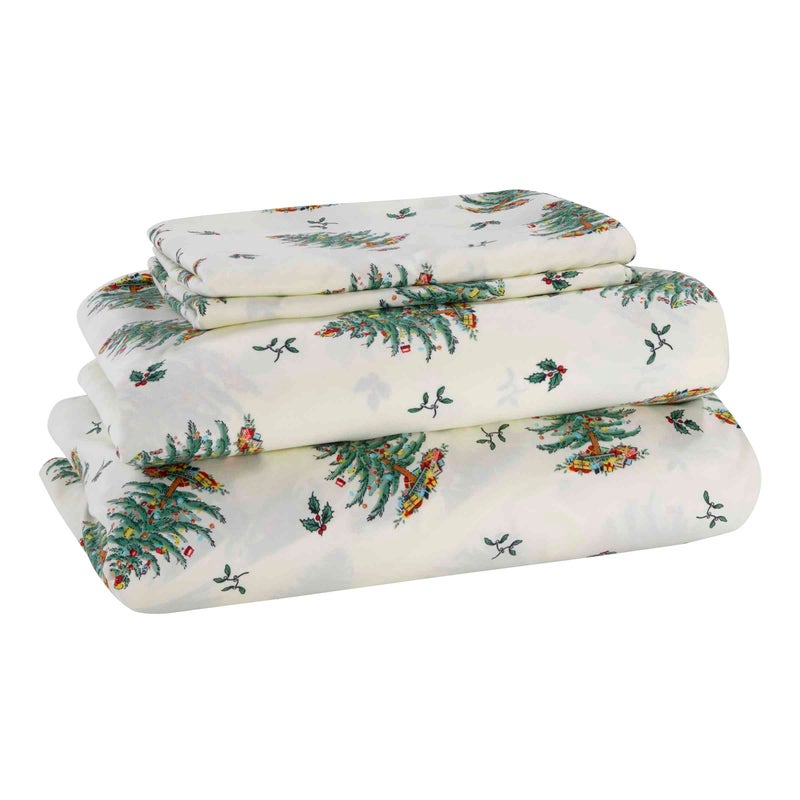 Spode  King Sheets Cozy 4Piece Set with Matching Pillowcases Holiday Room Decor Spode Christmas Tree Ivory King