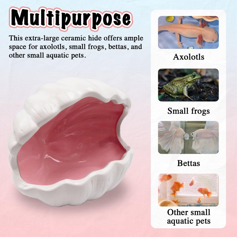Niuohoy Axolotl Hide Shell Shape Ceramic Fish Tank Cave, Double Sided Glaze, Fish Tank Decor Shelter for Small Pet Frog Fish Betta (Extra Large, Pink) - Image 5