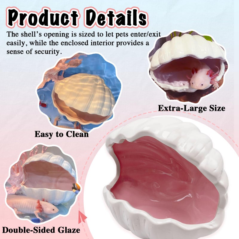 Niuohoy Axolotl Hide Shell Shape Ceramic Fish Tank Cave, Double Sided Glaze, Fish Tank Decor Shelter for Small Pet Frog Fish Betta (Extra Large, Pink) - Image 3