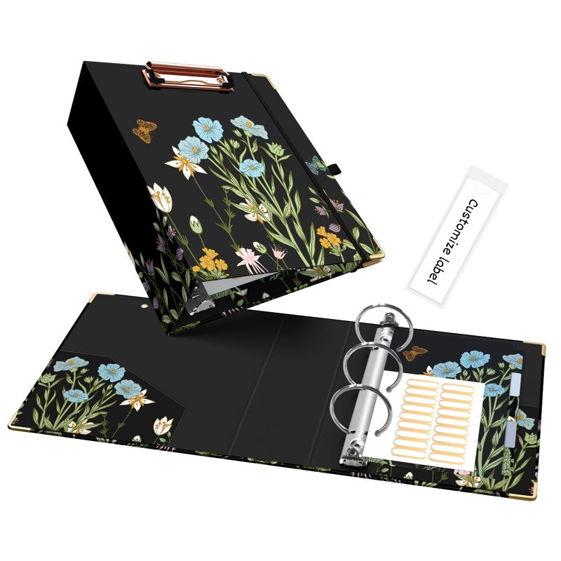 Ospelelf Small Three Ring Binder 2 Inch Floral Round Ring Clipboard Binder with 5 Tab Dividers File Folder Labels for School and Office Supplies - Image 2