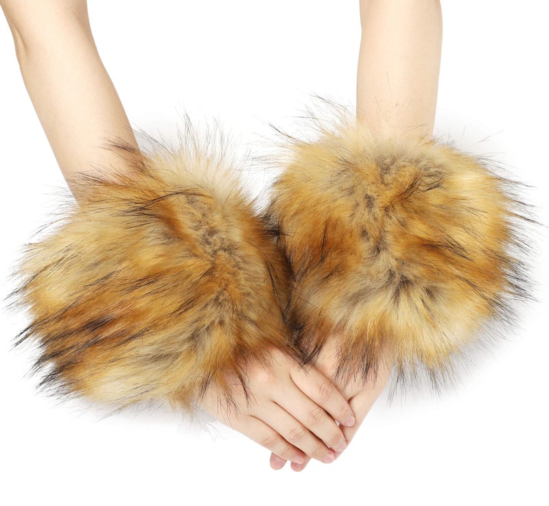 LA CARRIE Women's Leopard Print Faux Fur Wrist Cuffs,Winter Fox Furry Bands Arm Warmer (Nature) - Image 1