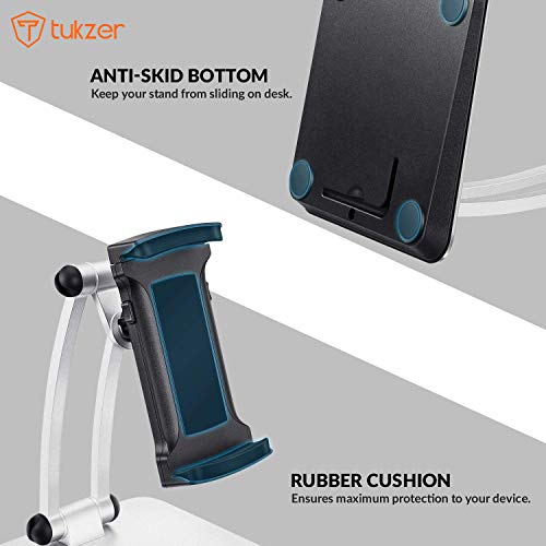 Tukzer Foldable Professional Tablet & Mobile Stand Holder with 360° Swivel & Height/Angle Adjustment| Sturdy & Heavy Metal Base, Solid Structure Cable Clips| for Up to 12 Inch Screen Devices (Grey) - Image 5