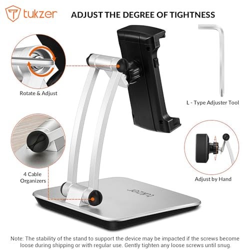 Tukzer Foldable Professional Tablet & Mobile Stand Holder with 360° Swivel & Height/Angle Adjustment| Sturdy & Heavy Metal Base, Solid Structure Cable Clips| for Up to 12 Inch Screen Devices (Grey) - Image 4