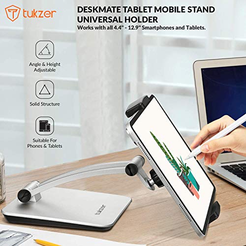 Tukzer Foldable Professional Tablet & Mobile Stand Holder with 360° Swivel & Height/Angle Adjustment| Sturdy & Heavy Metal Base, Solid Structure Cable Clips| for Up to 12 Inch Screen Devices (Grey) - Image 2