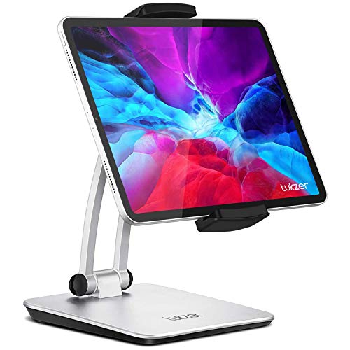 Tukzer Foldable Professional Tablet & Mobile Stand Holder with 360° Swivel & Height/Angle Adjustment| Sturdy & Heavy Metal Base, Solid Structure Cable Clips| for Up to 12 Inch Screen Devices (Grey) - Image 1