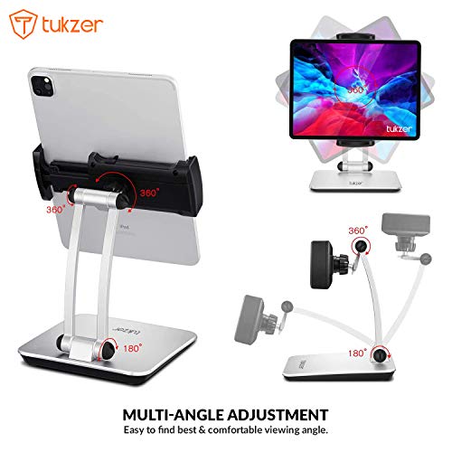 Tukzer Foldable Professional Tablet & Mobile Stand Holder with 360° Swivel & Height/Angle Adjustment| Sturdy & Heavy Metal Base, Solid Structure Cable Clips| for Up to 12 Inch Screen Devices (Grey) - Image 3