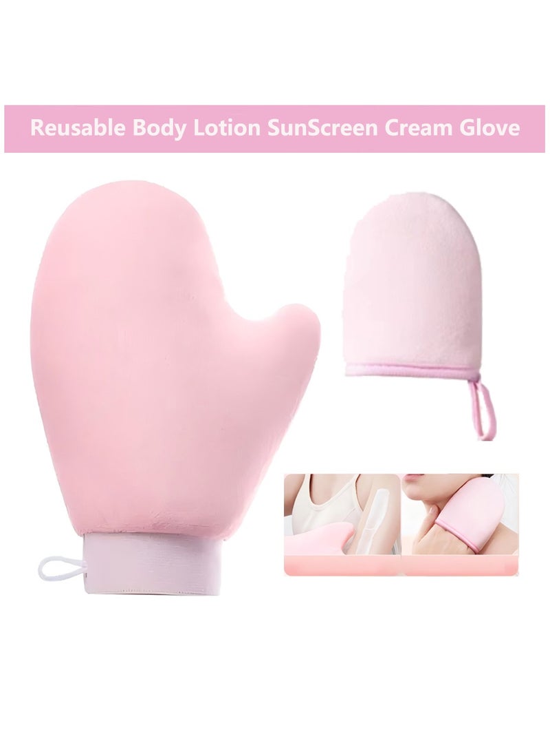 CoomBe 2 in 1 Reusable Body Lotion SunScreen Cream Glove and Finger Glove Set, Self-Tanning Mitt Double-Sided Prevents Sticky Hands Applicator Quick Dry Flocking Glove Makeup Tanning Gloves Cream Lotion Mousse Body Cleaning Applicator Pink 