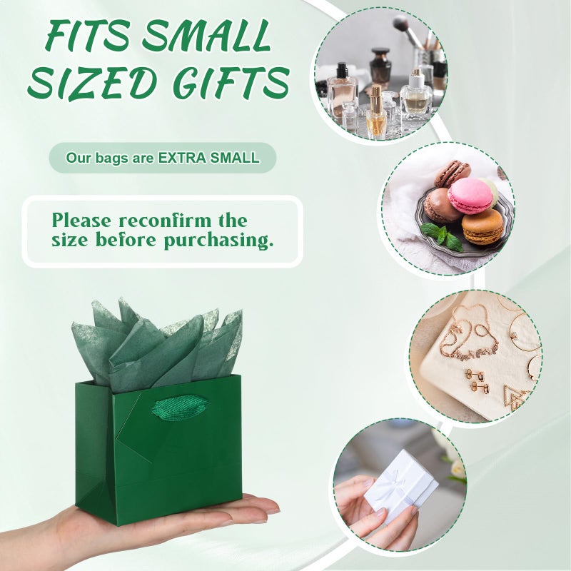 Qilery 50 Pcs Wedding Mini Paper Gift Bags Bulk With Tissue Paper 4.7 X 2.4 X 3.9'' Small Gift Bags With Handle And Tags For Birthday Easter Spring Mothers' Day Party Business(Green) - Image 4