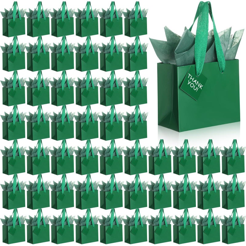 Qilery 50 Pcs Wedding Mini Paper Gift Bags Bulk With Tissue Paper 4.7 X 2.4 X 3.9'' Small Gift Bags With Handle And Tags For Birthday Easter Spring Mothers' Day Party Business(Green) - Image 1