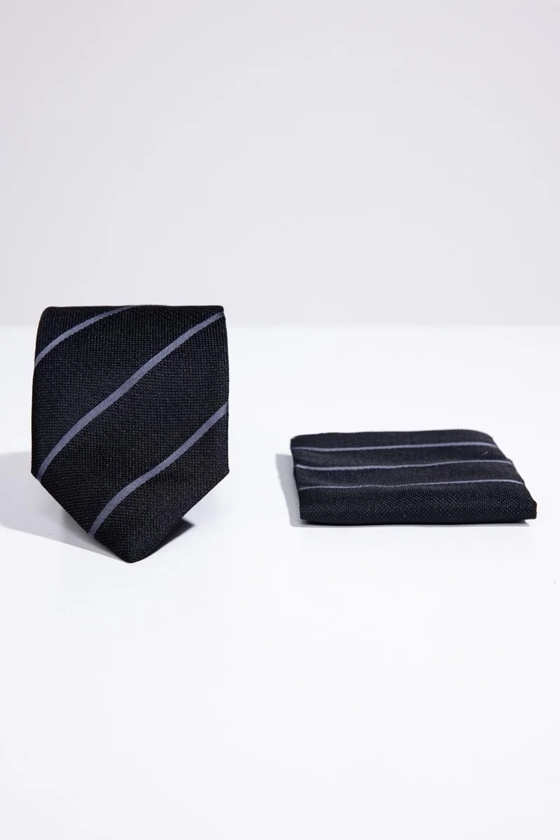 تودورس Classic Patterned Black Tie with Pocket Handkerchief