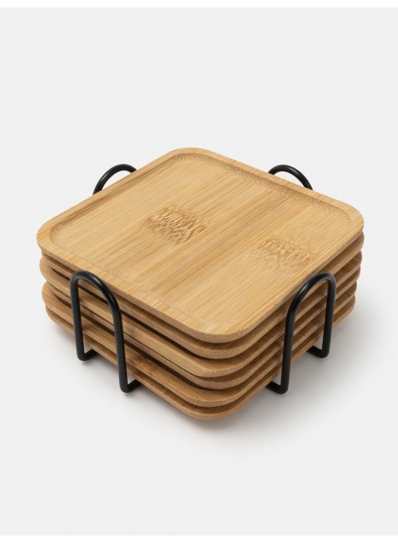 Natural Wood Square Coaster Set with Metal Holder - 6 Pieces - Image 1