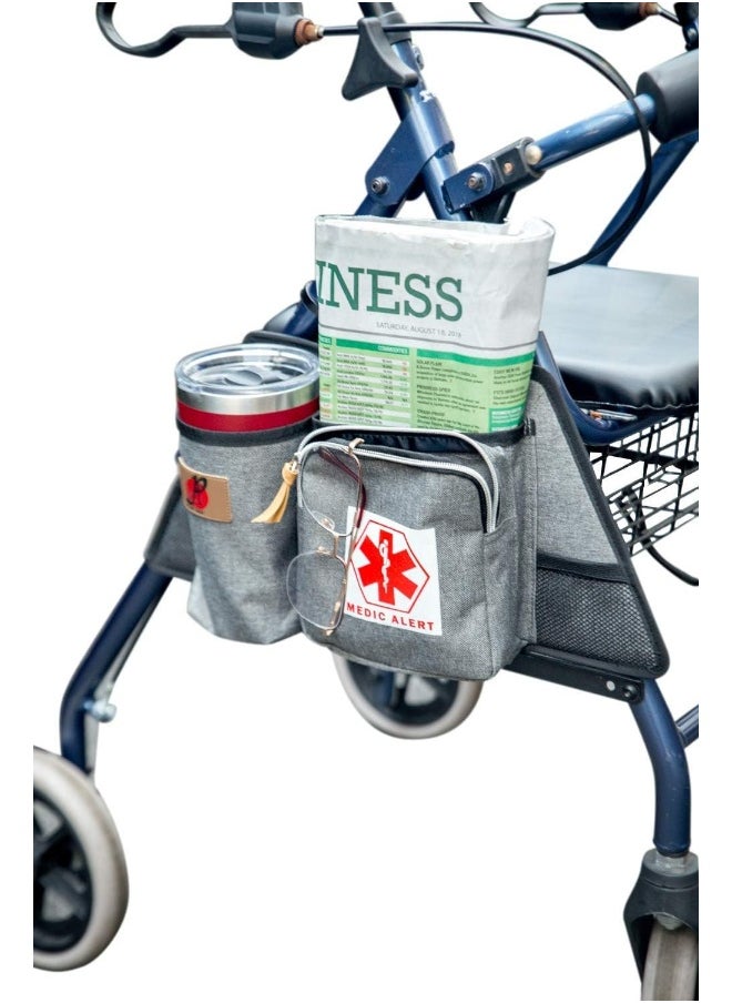 P&F HIGH QUALITY PRODUCTS P&F HIGH QUALITY PRODUCTS Rollator Walker Attachment Side Bag with Cup Holder by Deluxe Rolling Walker Pouch, Adult Folding Walker Accessories for Seniors or Elderly (Gray)  - Image 1