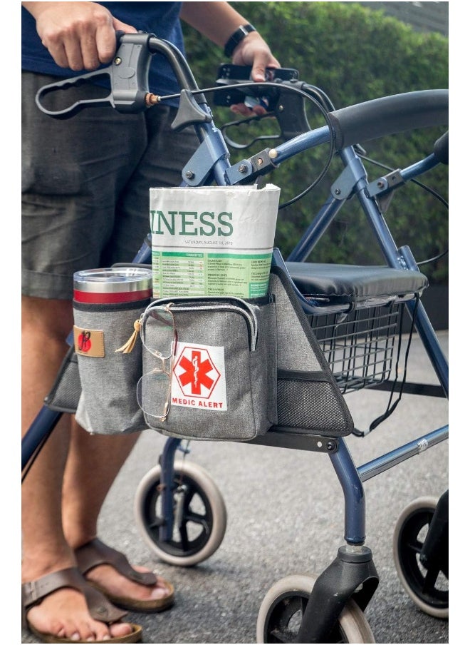 P&F HIGH QUALITY PRODUCTS P&F HIGH QUALITY PRODUCTS Rollator Walker Attachment Side Bag with Cup Holder by Deluxe Rolling Walker Pouch, Adult Folding Walker Accessories for Seniors or Elderly (Gray)  - Image 2