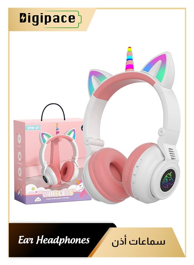 Digipace Wireless Bluetooth Headphones, Foldable Unicorn Bluetooth Headsets for Girls with LED Light and Mic, Suitable for Tablet, Pc, Birthday Gift (White+pink) - Image 1