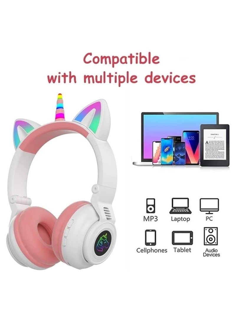 Digipace Wireless Bluetooth Headphones, Foldable Unicorn Bluetooth Headsets for Girls with LED Light and Mic, Suitable for Tablet, Pc, Birthday Gift (White+pink) - Image 2