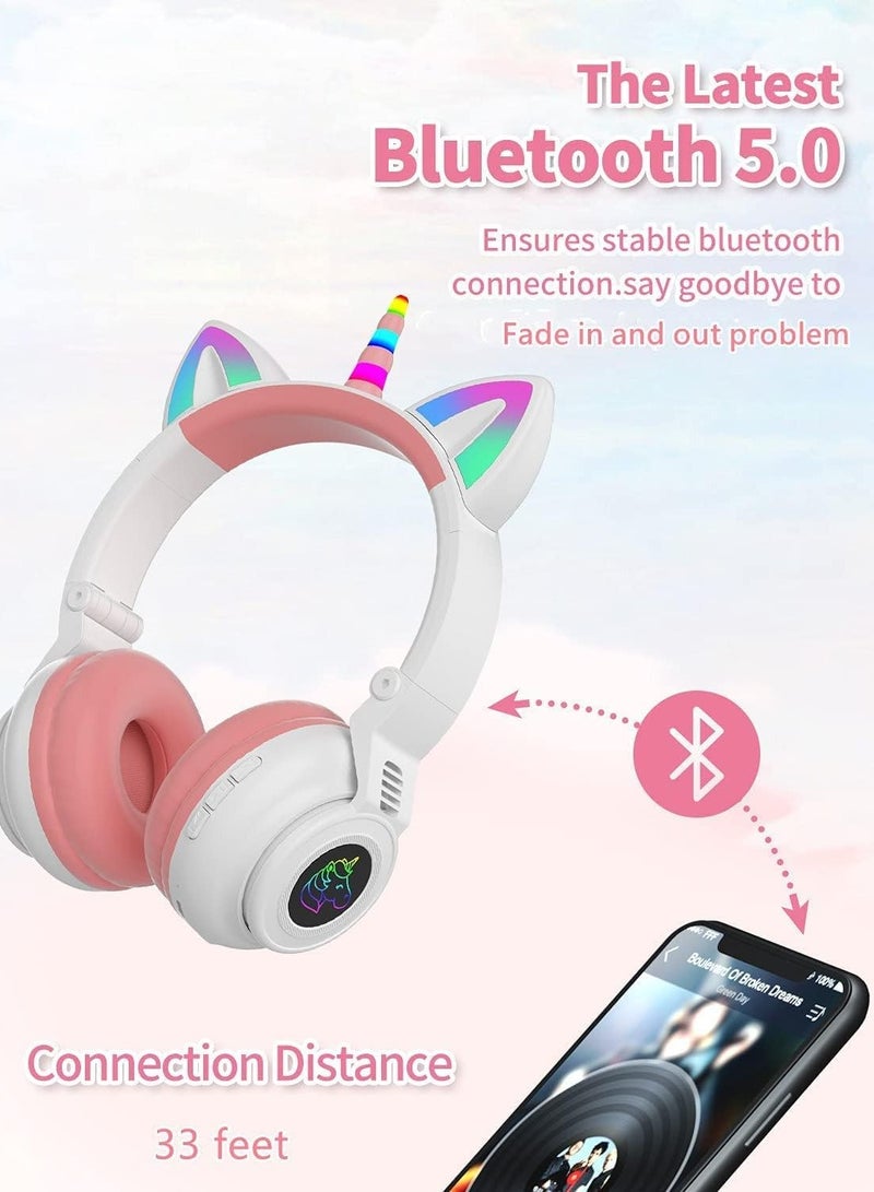 Digipace Wireless Bluetooth Headphones, Foldable Unicorn Bluetooth Headsets for Girls with LED Light and Mic, Suitable for Tablet, Pc, Birthday Gift (White+pink) - Image 3